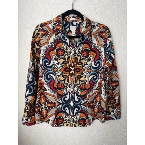 Chico's Womens Button Up Top Size 0 US 4 Ikat Scrolls No Iron‎ Workwear Business - Picture 1 of 11